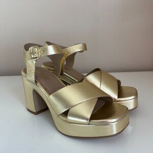 Seychelles - Gold Leather Platform Block Heel Sandals - Size 8 Women's NEW